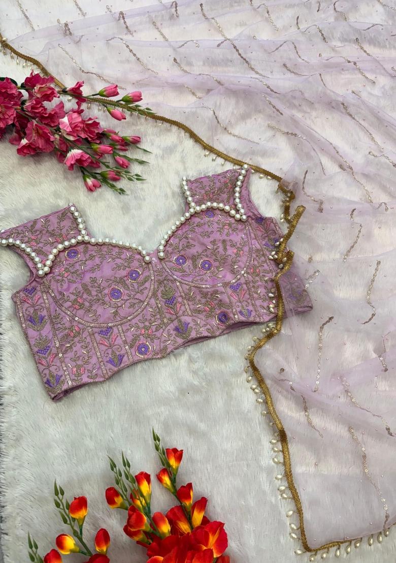 Pink Solid Net Saree Set - Indya