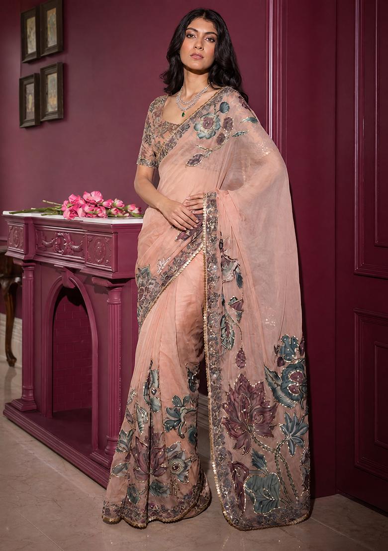 Beige Solid Georgette Saree Set - Indya