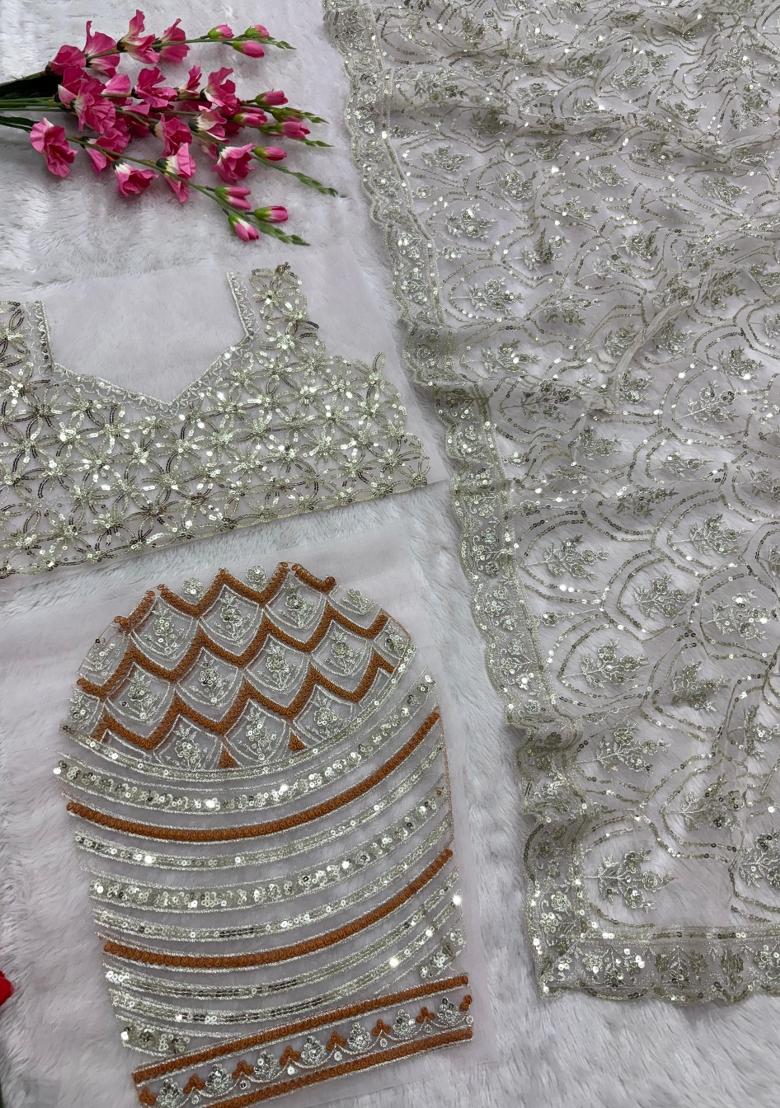 Brown Solid Net Saree Set - Indya