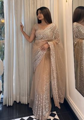 Cream Solid Net Saree Set