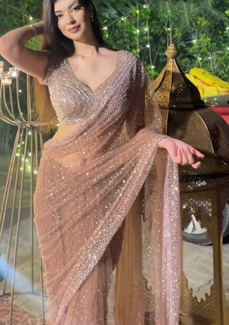 Cream Solid Net Saree Set - Indya