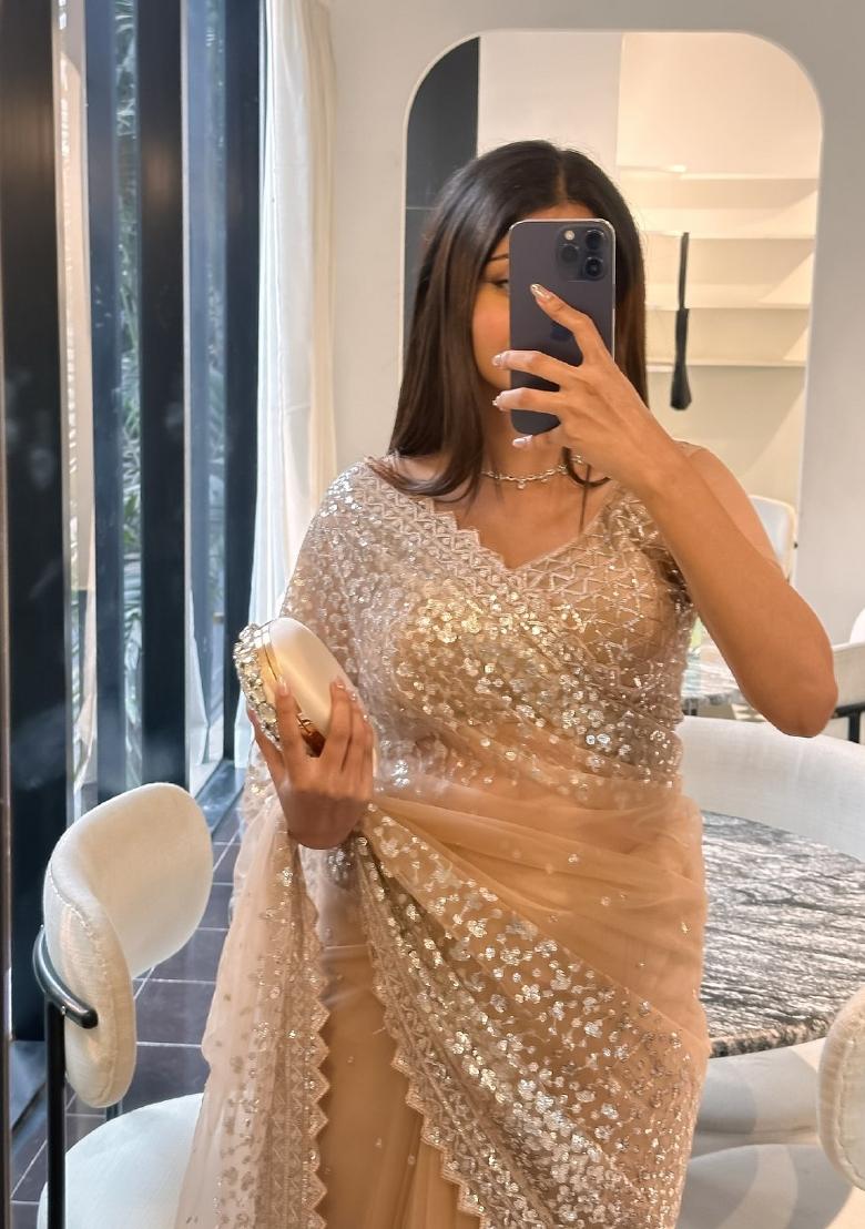 Cream Solid Net Saree Set - Indya