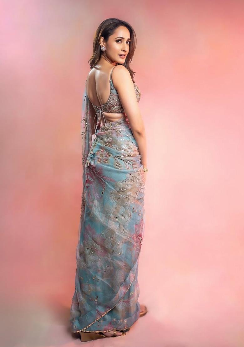 Blue Solid Silk Blend Saree Set - Indya