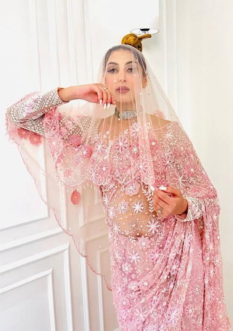 Pink Solid Net Saree Set - Indya