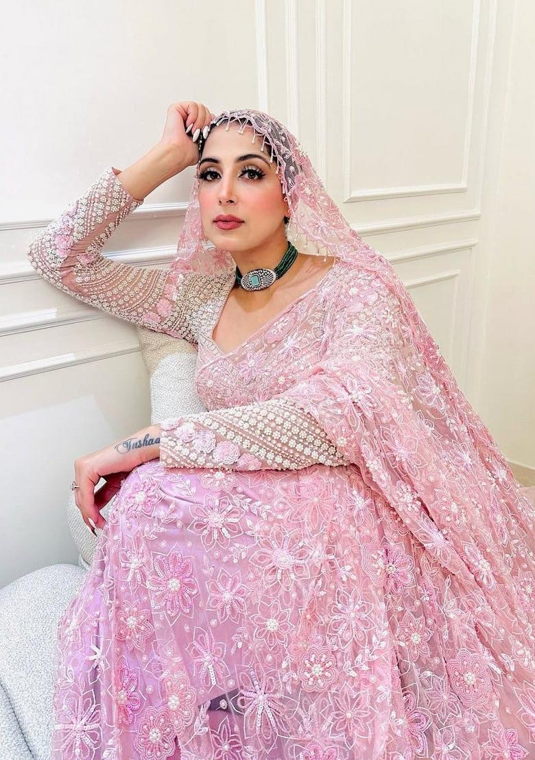 Pink Solid Net Saree Set - Indya