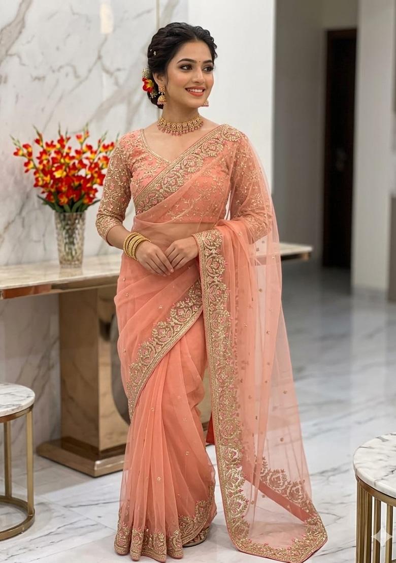 Peach Solid Net Saree Set - Indya