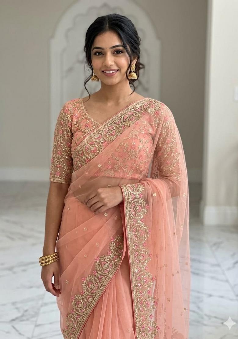 Peach Solid Net Saree Set - Indya