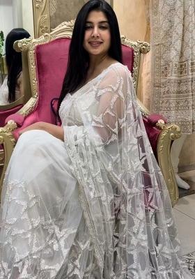 White Solid Net Saree Set