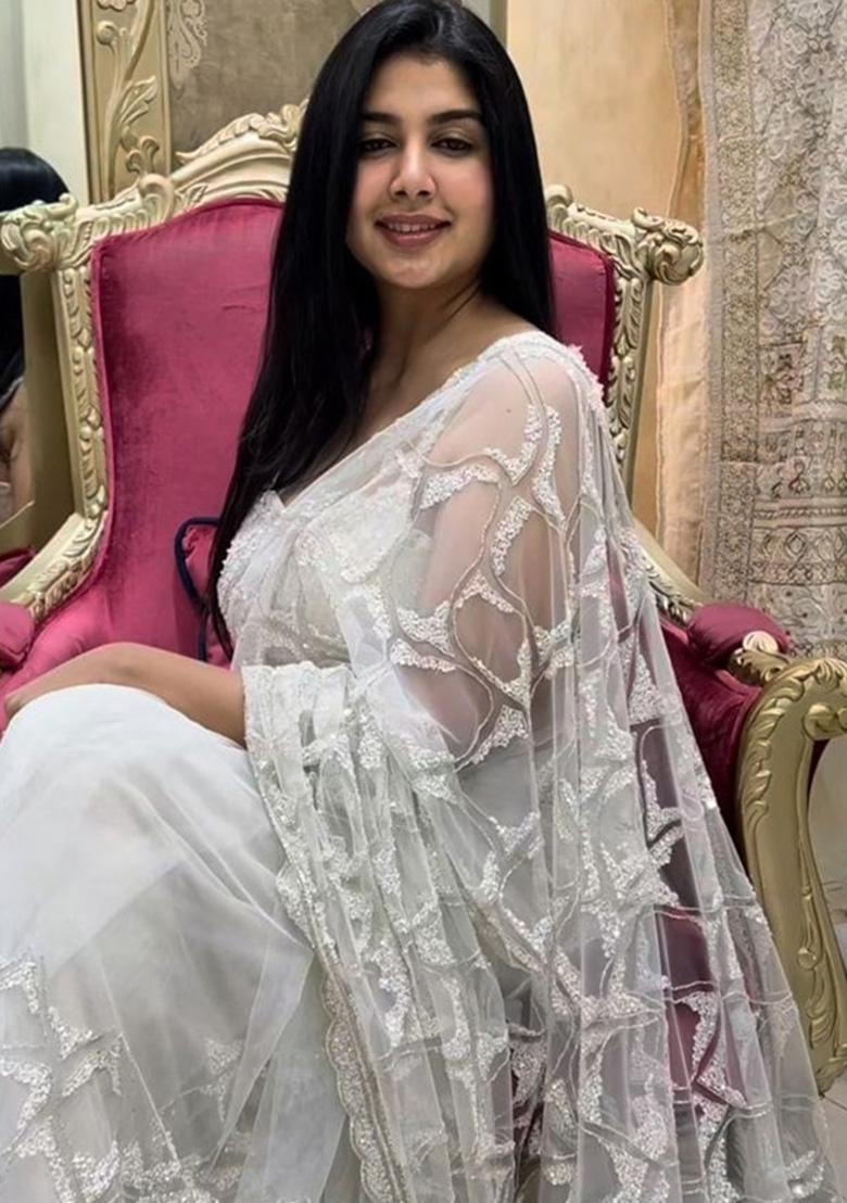 White Solid Net Saree Set - Indya