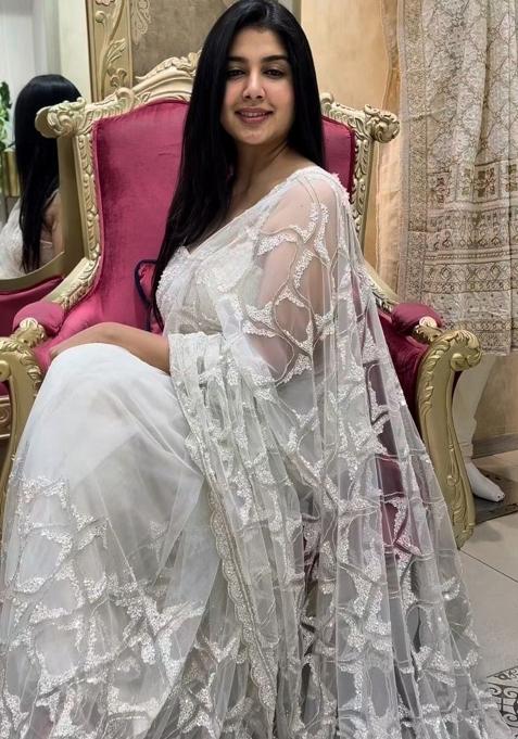 White Solid Net Saree Set