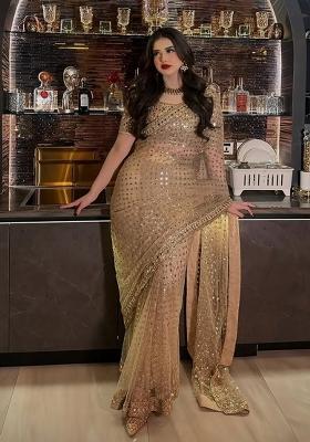 Cream Solid Net Saree Set
