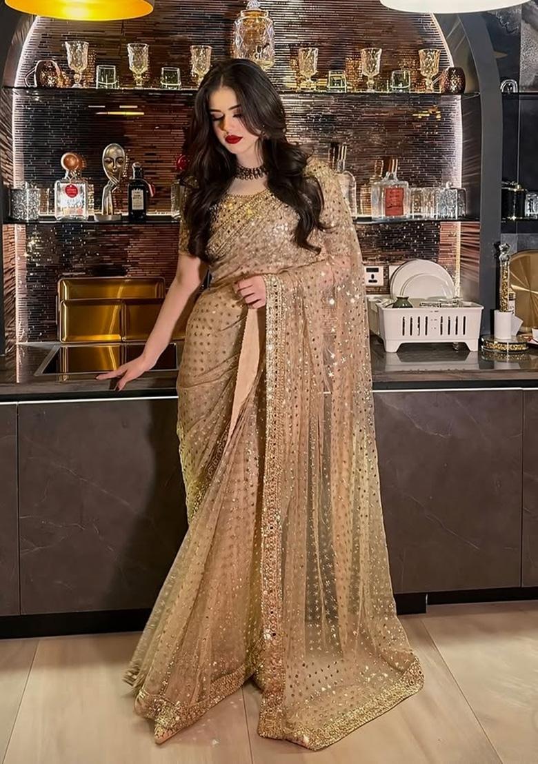 Cream Solid Net Saree Set - Indya