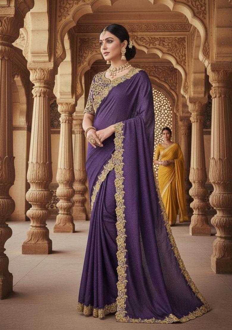 Purple Solid Satin Saree Set - Indya