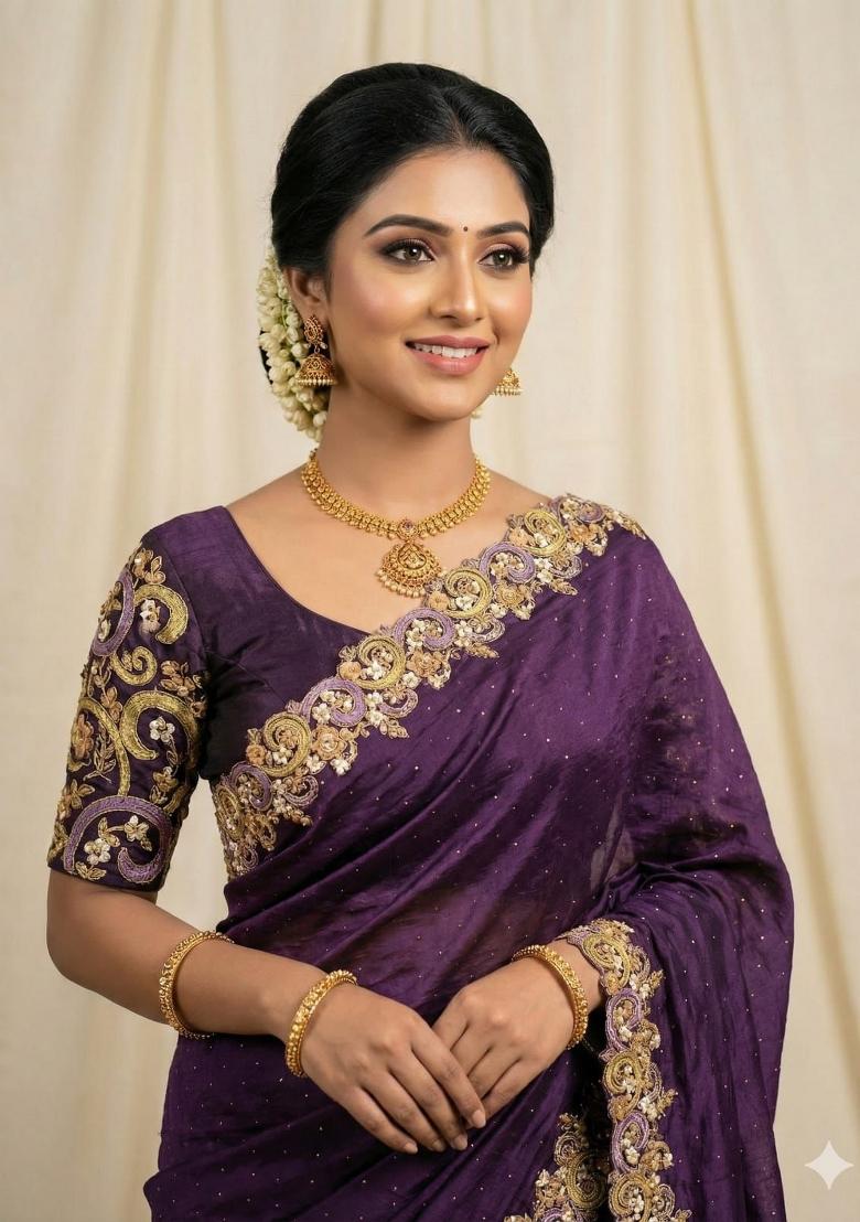 Purple Solid Satin Saree Set - Indya