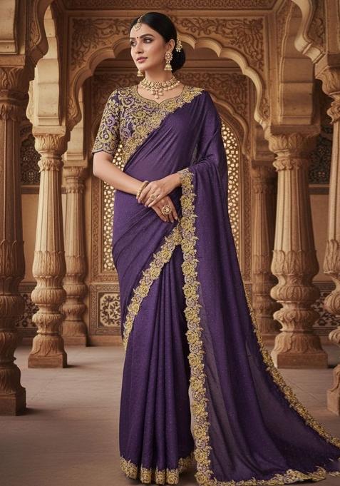 Purple Solid Satin Saree Set