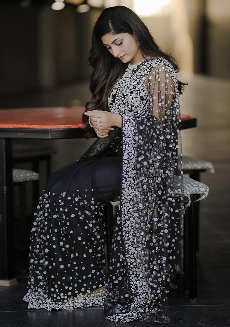 Black Solid Net Saree Set - Indya