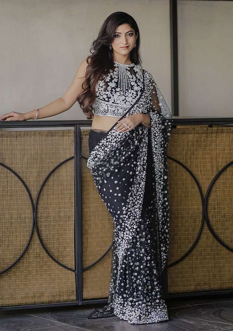 Black Solid Net Saree Set for Diwali | Wedding & Festive Wear - Indya