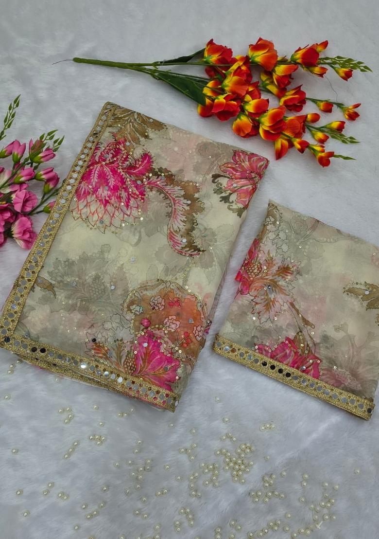 Cream Solid Silk Blend Saree Set - Indya
