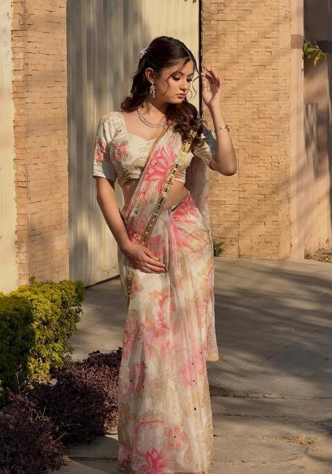 Cream Solid Silk Blend Saree Set