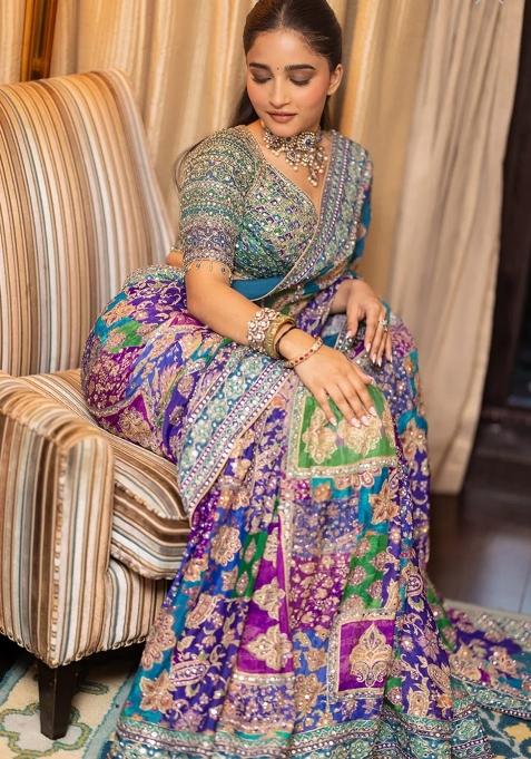 Blue Solid Silk Blend Saree Set
