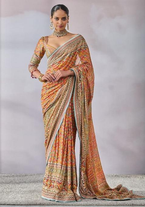 Orange Solid Silk Blend Saree Set