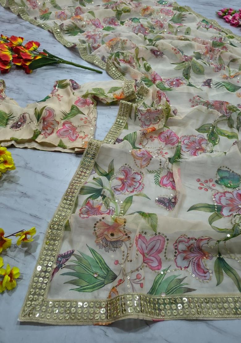 Cream Solid Silk Blend Saree Set - Indya