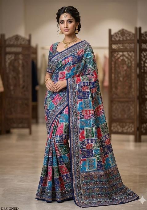 Blue Solid Silk Blend Saree Set