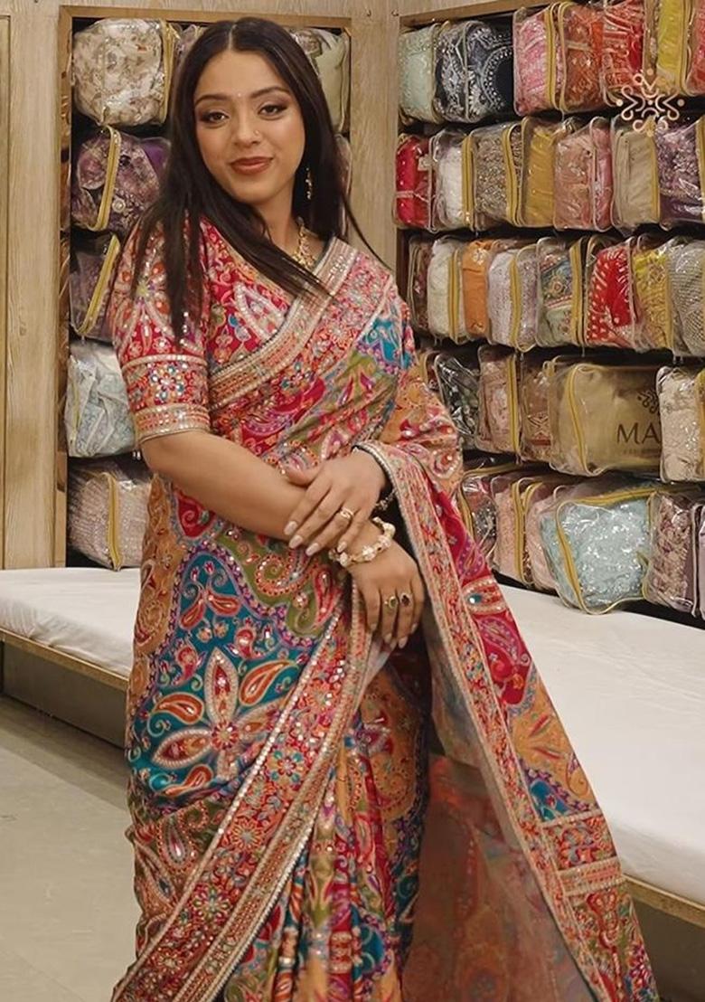 Multicolor Solid Silk Blend Saree Set - Indya