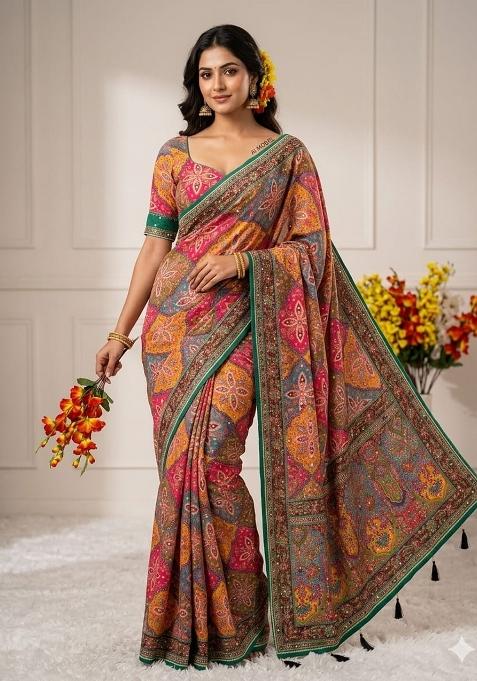 Multicolor Solid Silk Saree Set