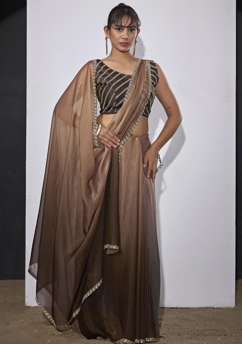 Brown Embroidered Satin Saree Set - Indya