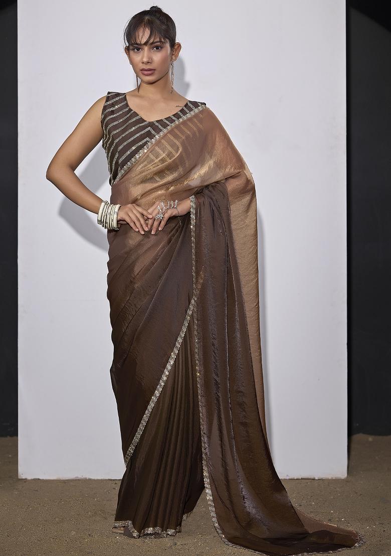 Brown Embroidered Satin Saree Set - Indya