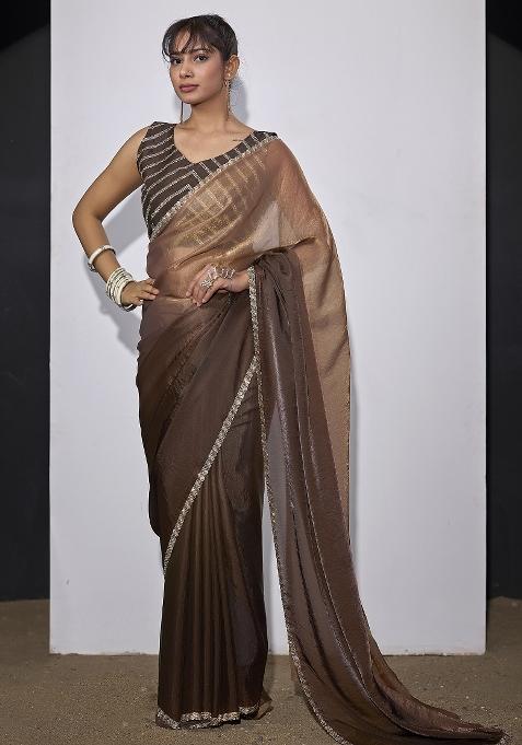 Brown Embroidered Satin Saree Set