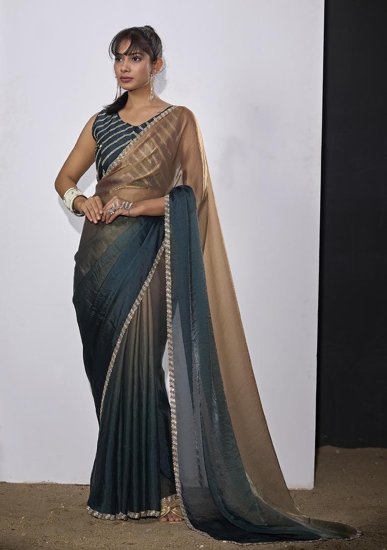Teal Blue Embroidered Satin Saree Set - Indya