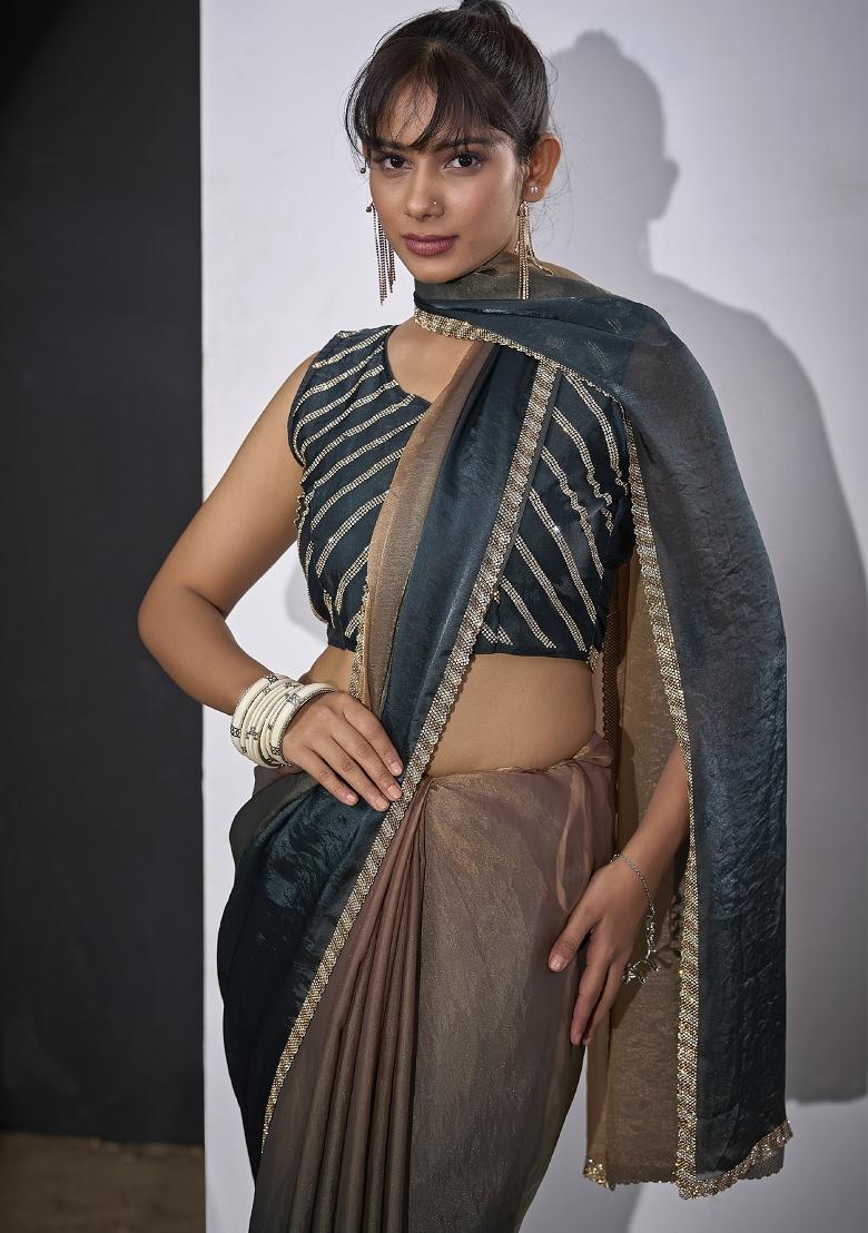 Teal Blue Embroidered Satin Saree Set - Indya