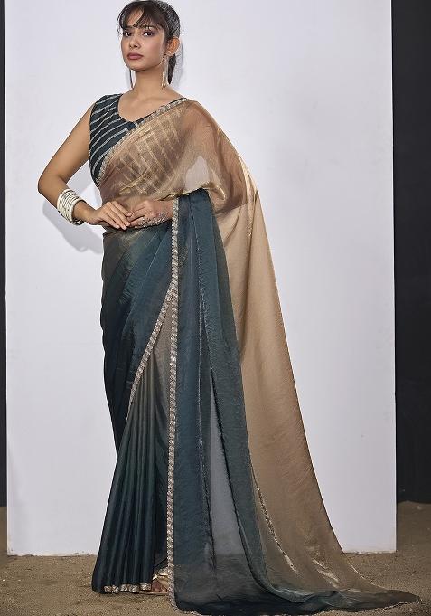 Teal Blue Embroidered Satin Saree Set