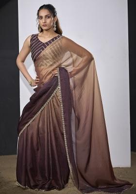 Wine Embroidered Satin Saree Set