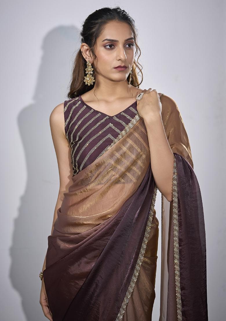 Wine Embroidered Satin Saree Set - Indya
