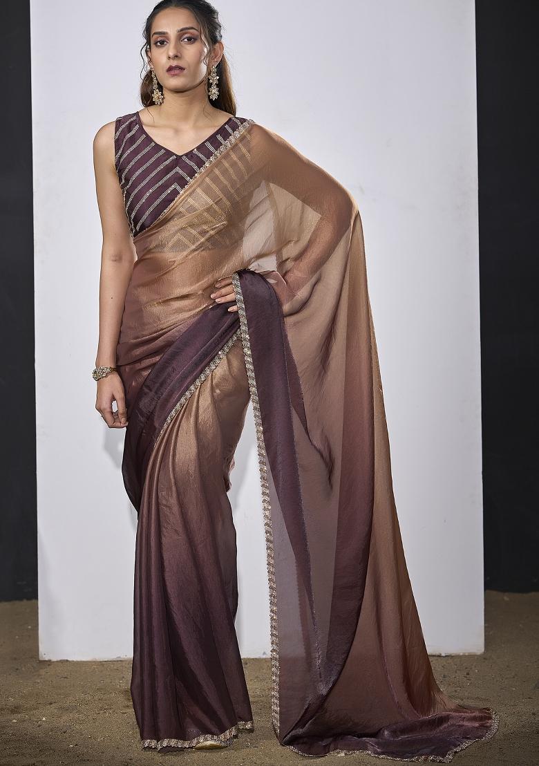 Wine Embroidered Satin Saree Set - Indya