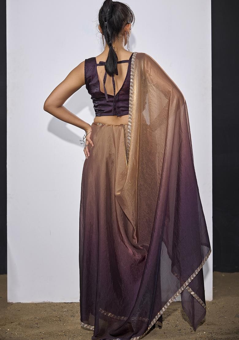 Purple Embroidered Satin Saree Set - Indya