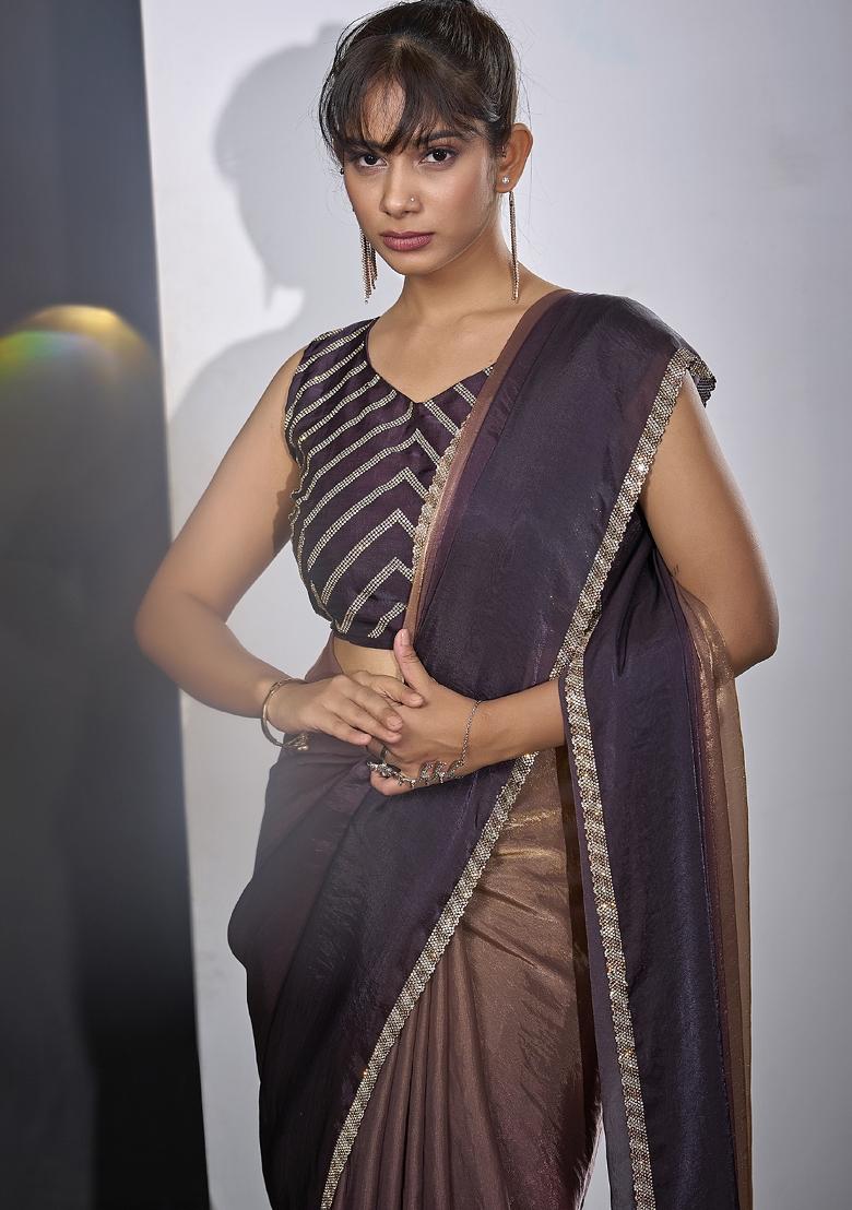 Purple Embroidered Satin Saree Set - Indya