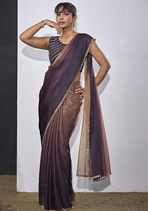 Purple Embroidered Satin Saree Set