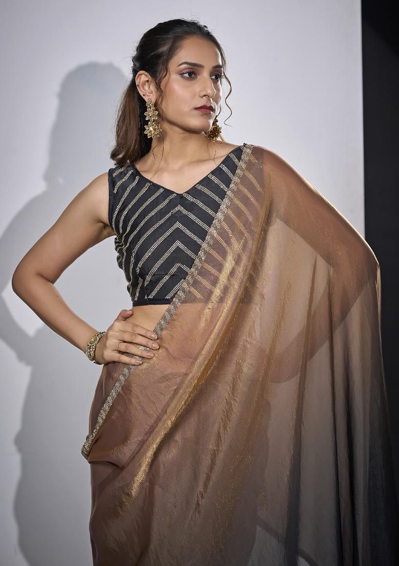 Grey Embroidered Satin Saree Set - Indya