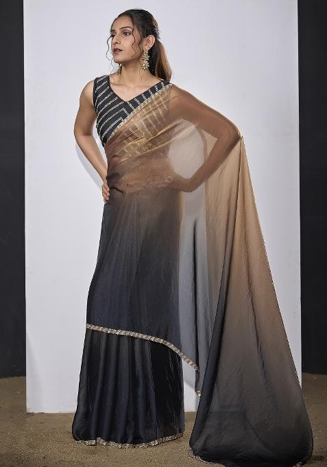 Grey Embroidered Satin Saree Set