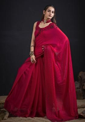 Magenta Embroidered Satin Saree Set