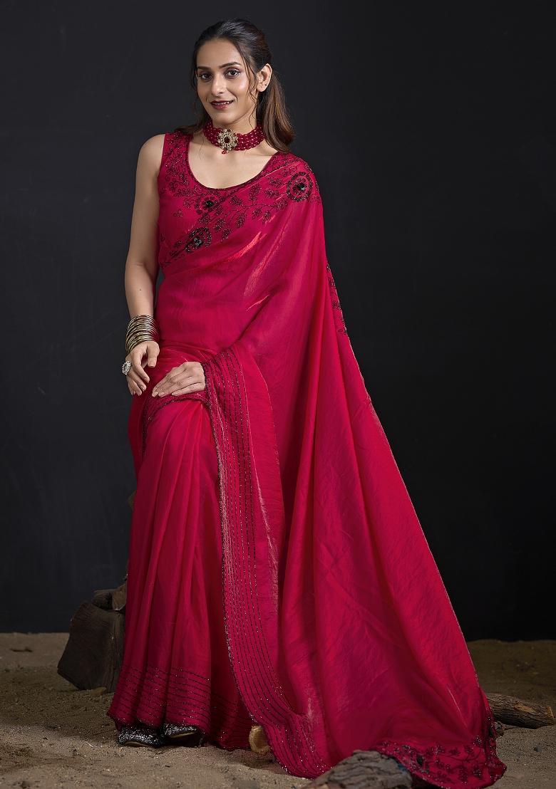 Magenta Embroidered Satin Saree Set - Indya