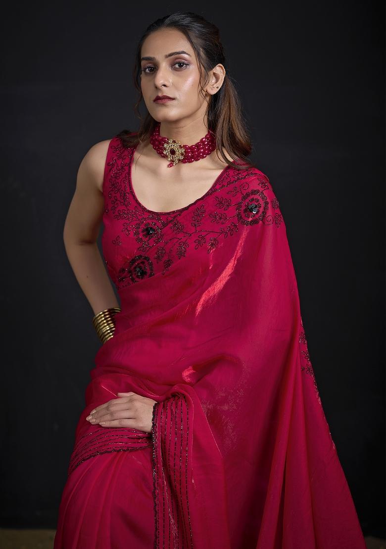 Magenta Embroidered Satin Saree Set - Indya