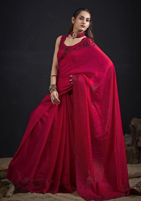 Magenta Embroidered Satin Saree Set