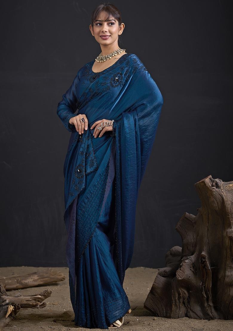 Blue Embroidered Satin Saree Set - Indya