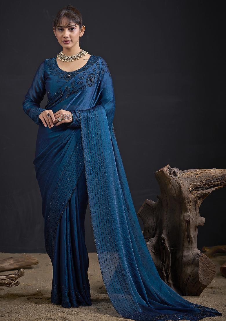 Blue Embroidered Satin Saree Set - Indya