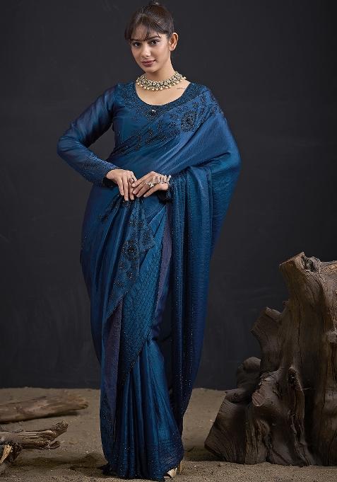 Blue Embroidered Satin Saree Set
